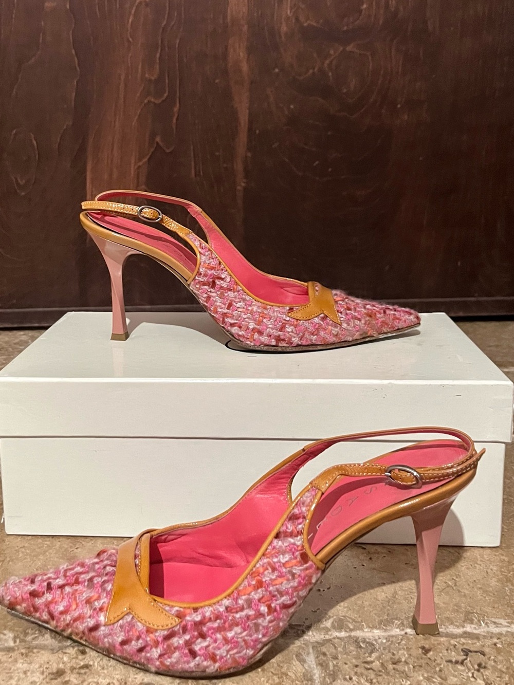 Vintage Casadei Pink Tweed Pointed Toe Slingback Heels Size 6
